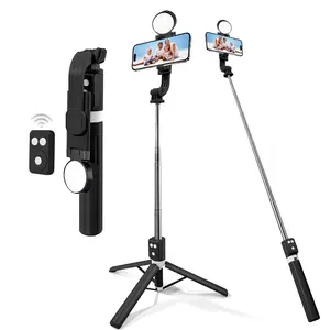 Selfie Stick Tripod with Fill Light & Wireless Remote, Extendable Phone Stand for iPhone/Samsung, Compact Lightweight Travel Tripod with Flexible Holder