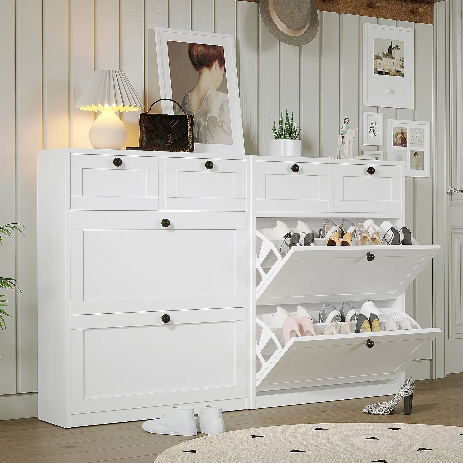 VOWNER Shoe Cabinet with 2 Flip Drawers & 2 Drawers, Freestanding Shoe Storage Cabinet with Adjustable Shelves, Shoe Organizer for Entryway, Hallway, Living Room, White Racks