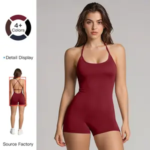 MFVIM women’s one-piece athletic jumpsuit with open back, crisscross shoulder straps, tummy control; quick-dry U-neck thin straps sleeveless sports jumpsuit shorts; yoga/gym activewear; women’s summer sportswear