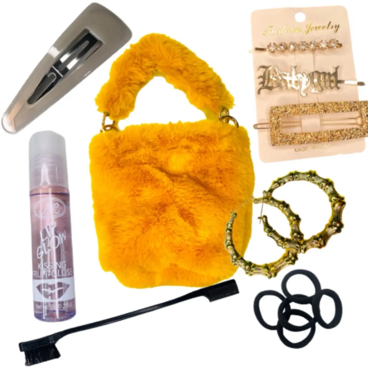 Yellow Fluffy Faux Fur Purse Bundle with Lip Gloss, Hair Accessories, Edge Brush and Bamboo Earrings