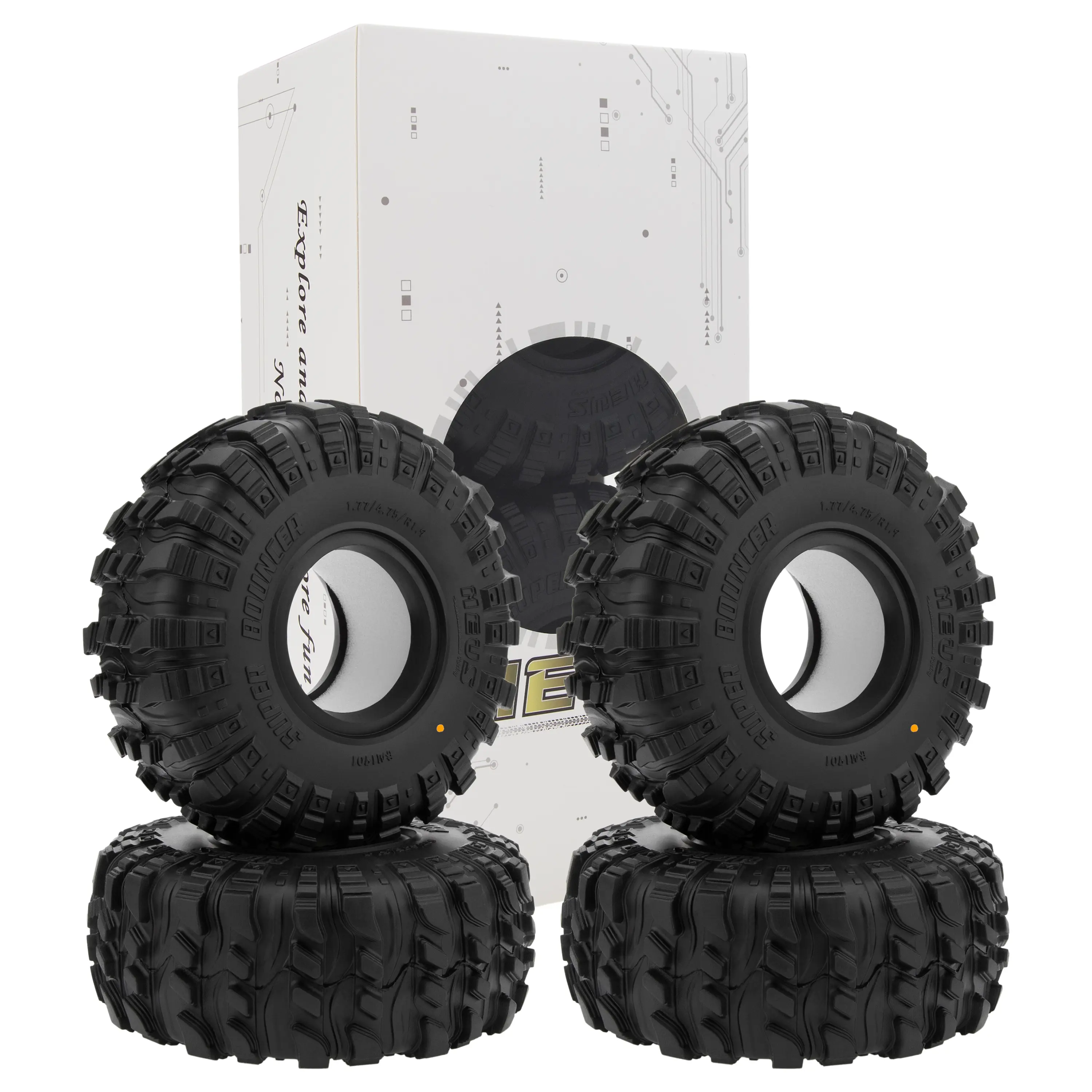 MEUS RACING 1.9 Pin Tire Set - MS6 Rubber Super Bouncer Orange-Dot Compound RC Crawler Tires, All Seasons, 1.77/4.75/R1.9, #M1901, Fits Remote Cars Axial SCX10 Pro SCX10 TRX4 Redcat Gen8 1/10 RC Crawlers, Compatible with Most 1.9 Beadlock Wheels