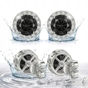 S925 Sterling Silver Earrings with Synthetic Moissanite — Unisex Round Studs: A Stylish, Versatile, and Exquisitely Crafted Jewelry Masterpiece — The Perfect Birthday Gift. 14k gold with color diamond men rerings(Black)