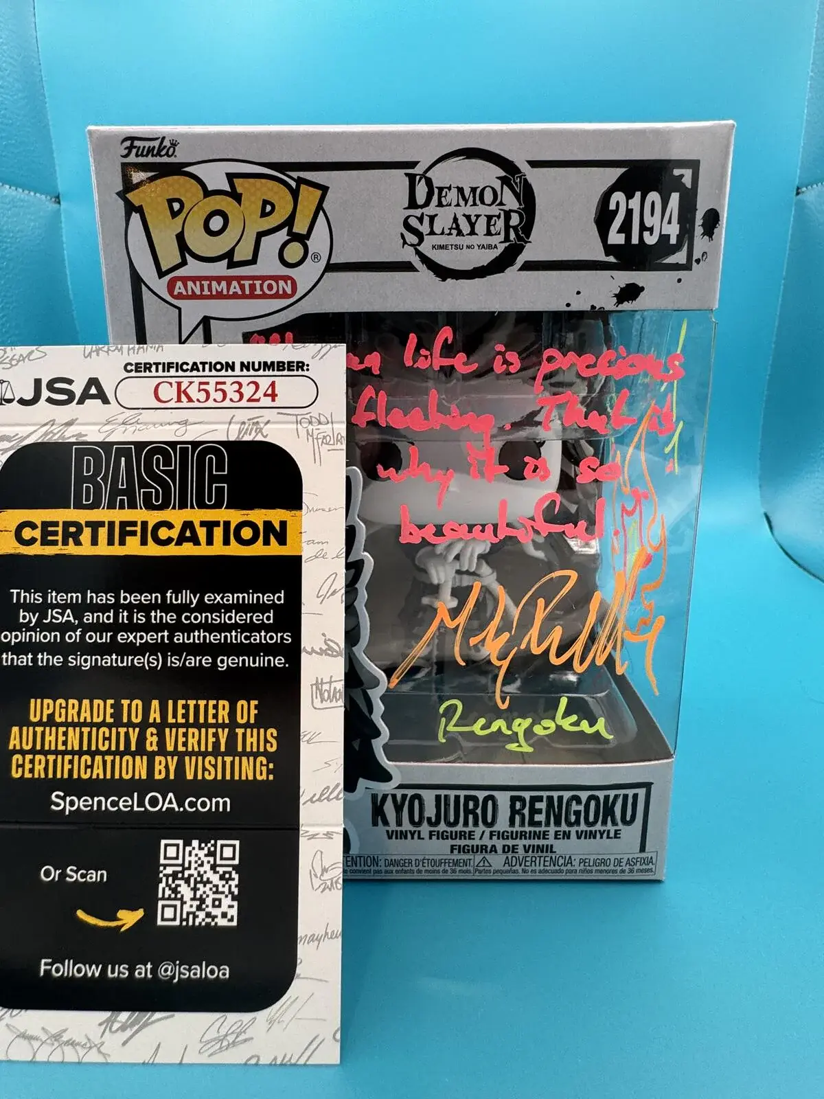 Mark Whitten Signed Rengoku demon slayer black and white funko pop JSA COA
