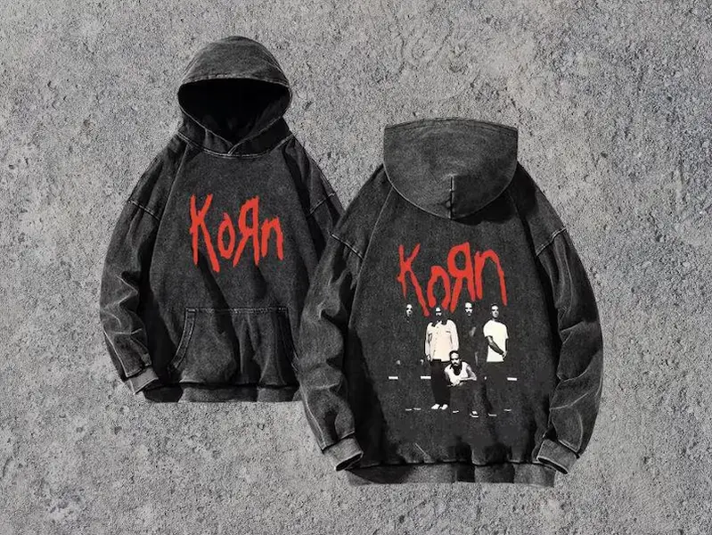 Korn band world tour series hoodie, vintage washed sweatshirt, hip-hop street style hooded top, loose Y2K pullover top, Harajuku-style hoodie, retro Y2K AlerDesignShop