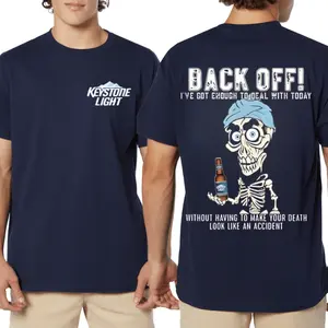 Keystone Light Skeleton T Shirt 2 Sides Graphic Tee, Funny Back Off Quote with Skeleton Holding Beer Bottle Design, Soft Cotton Blend T Shirt, Casual Beer Drinking Apparel for Men & Women, Gift for Beer Lovers