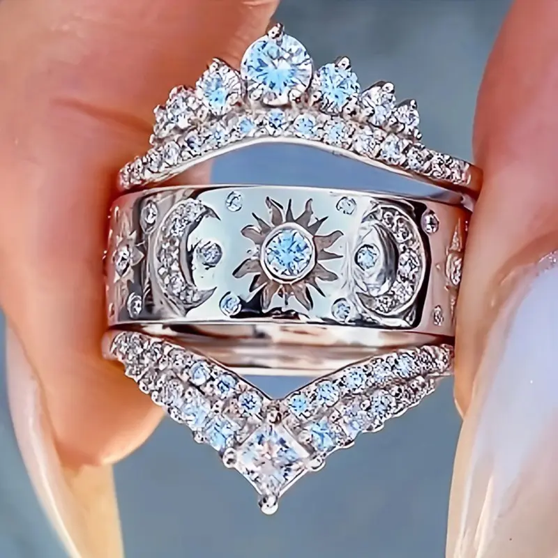 3 PCS Sun Moon Celestial Stackable Ring Set for Women, V-Shaped Crown Pave Wedding Band Set, Vintage Celestial Statement Ring, Romantic Promise Jewelry Gift for Anniversary Birthday