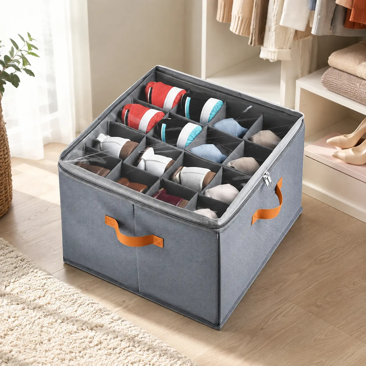 Foldable Shoe Organizer for Closet with Clear Cover, Adjustable Dividers & Carry Handles, Large Fabric Shoe Storage Box for Sneakers, Heels & Accessories, Space-Saving Bedroom, Dorm & Closet Organization