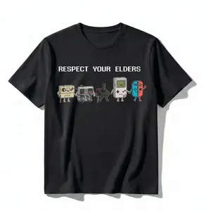 Men's Unisex Oversize Cotton Vintage Streetwear Short-Sleeve Graphic Tee - Funny "Respect Your Elders" 80s-90s Pixel Art Controller Aesthetic Casual Round Neck Top, Gifts for Him Mens Gifts Summervibes Springglowup