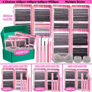 1920 PCS/640PCS Lash Clusters Set D Curl 8 Styles Natural Lashes Kit with Bond&Seal Brush Lash Applicator Headband set, Eyelashes Makeup Set, Cosmetic Eyelash Extension, Individual Eyelash Kit, For Beginners, DIY at Home Easily, Daily Makeup