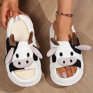 Women'S Cow Design Fabric Slippers, All-Season Slip-On Linen Insole, Cartoon Pattern, EVA Sole, with Hand