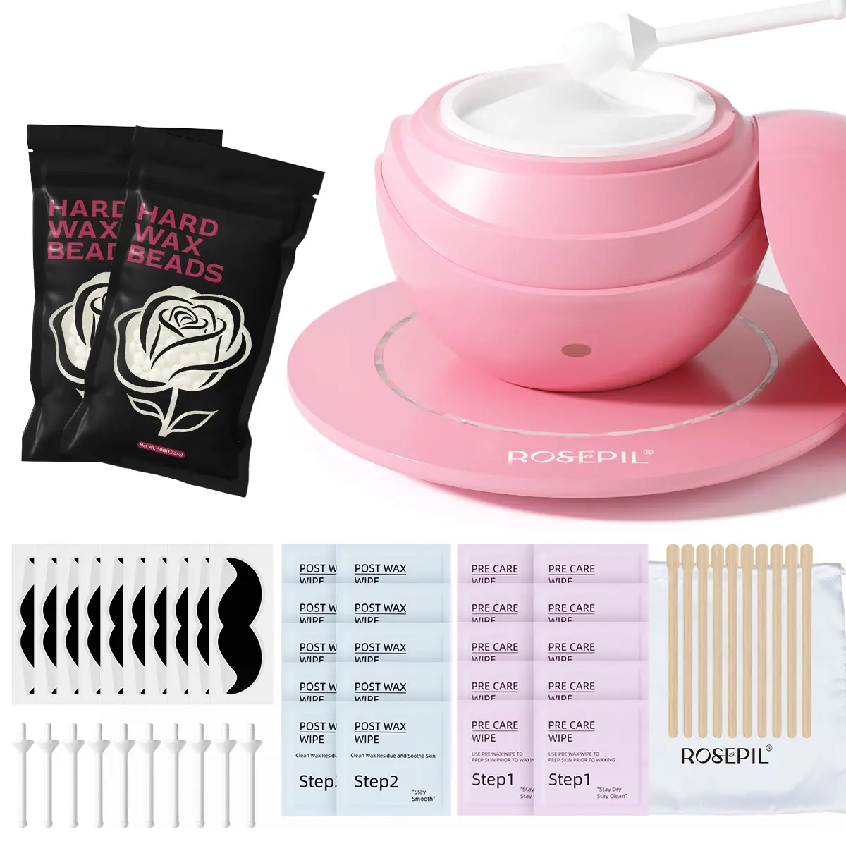 ROSEPIL Unisex Mini Nose & Underarm Hair Removal Wax Kit | 100 g wax beads suitable for facial nostrils, brow area, small spots, and full-body hair removal | USB portable design with base, disc-style pink Hard Wax Kit Body Care