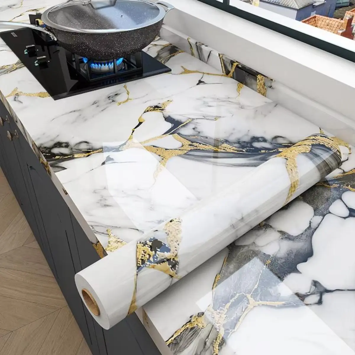 Marble Peel and Stick Wallpaper Waterproof Oil Proof Fire Resistant Self Adhesive Vinyl Wrap for Kitchen Countertop Cabinet