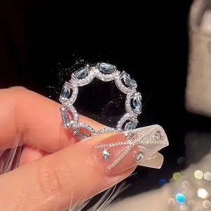 Women's Luxury Sparkly Embellished Blue Zircon Ring, Exquisite Rhinestone-Splicing Knot Knuckle Ring, Bride Wedding Jewelry Gift, Sparkly Embellished Rings
