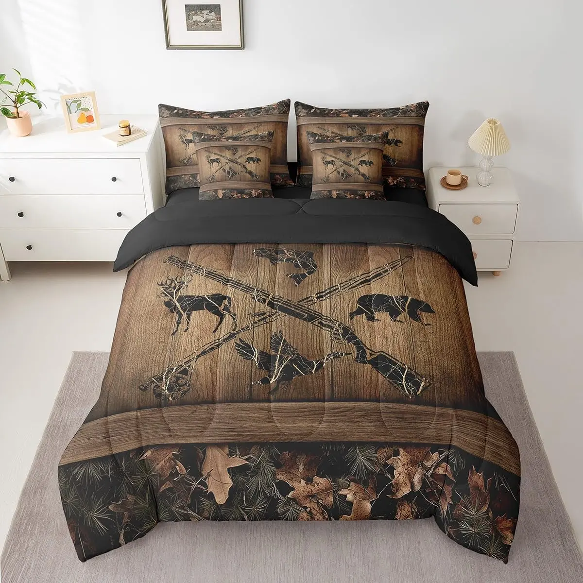 Rustic Farmhouse 7 Piece Bedding Sets,Retro Camo Cabin Lodge Comforter Set,Hunting Fishing Bed in A Bag,Wildlife Bear Deer Fish Duck Sheet Set, Gifts For The Bedroom, Bed Comforter Sets