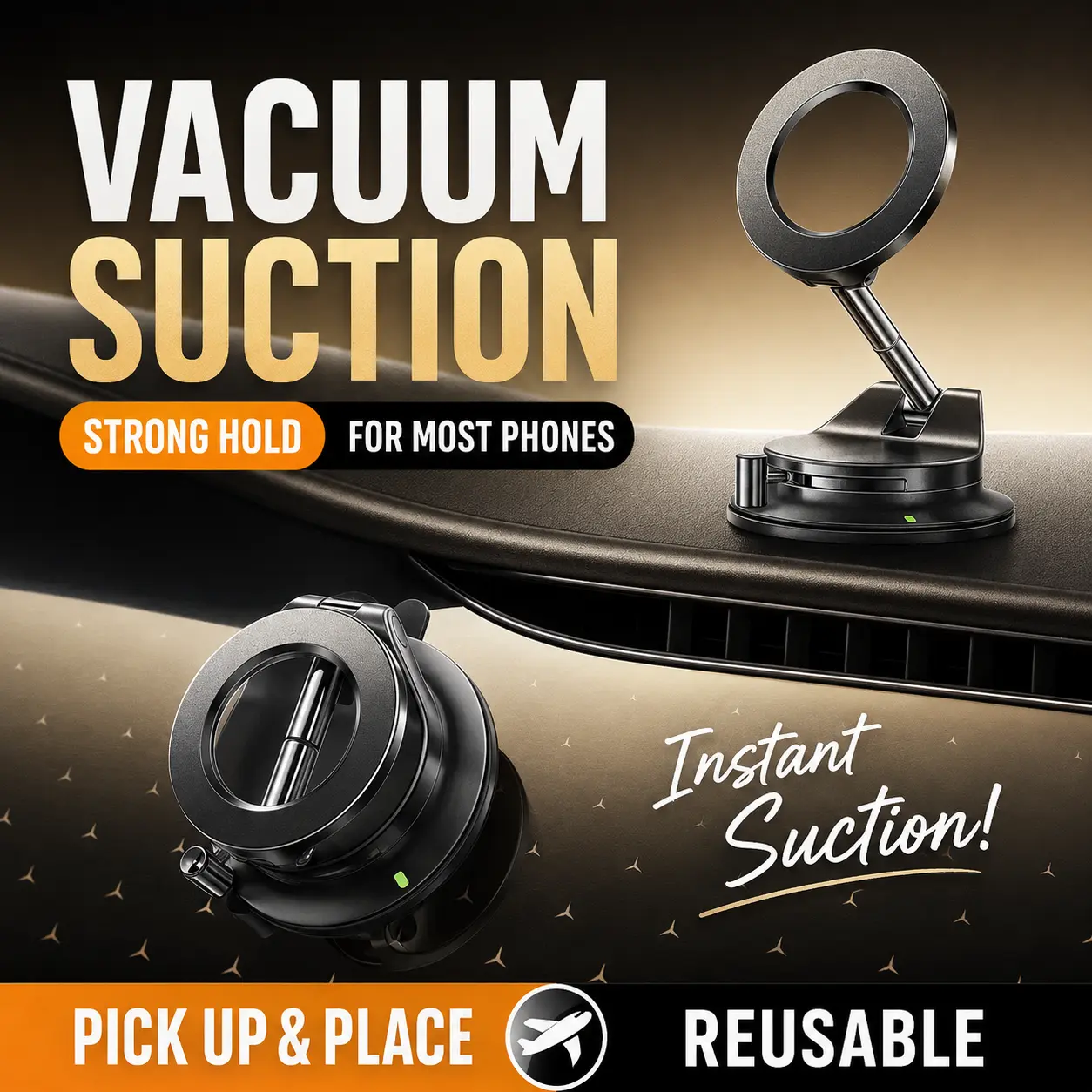 Strong Magnetic Car Phone Holder, Vacuum Suction Mount, 360° Rotatable Universal Dashboard Windshield Stand for iPhone 17 Pro Max 16 15 14 13 Pro, Android Phones & Cars