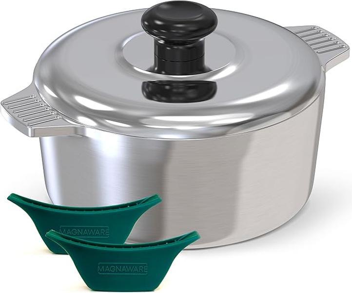 MAGNAWARE 3 Quarts Round Dutch Oven with Lid Polished Aluminum Non-Stick Cookware with Silicone Handles for Easy Grip & Superior Heat Distribution