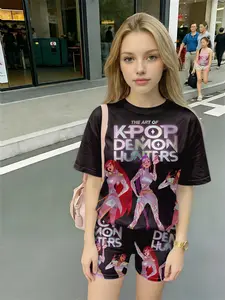Teen K-POP Demon Hunters Girl Group Holographic Print Short-Sleeve T-shirt + Shorts Casual Set