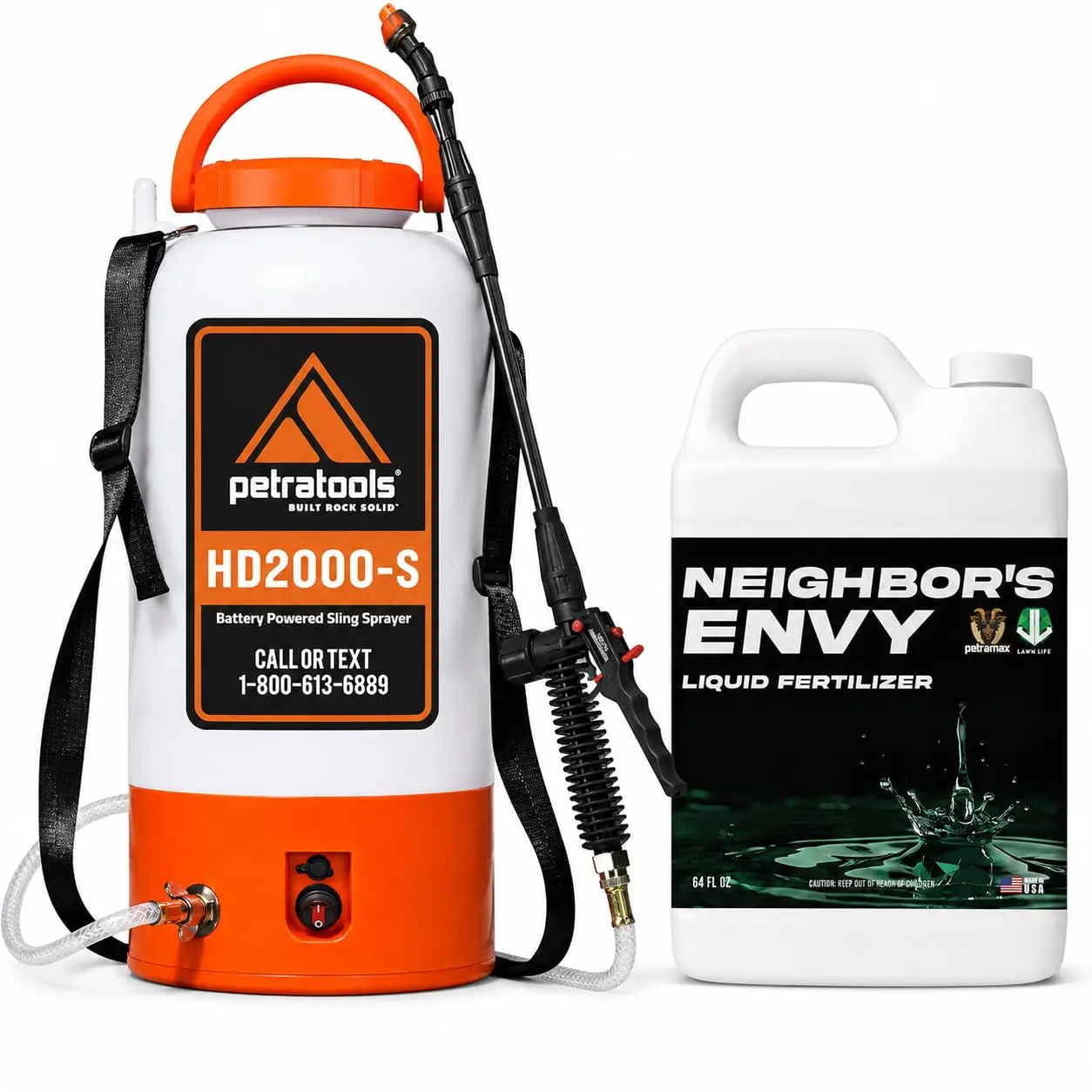 PetraMax Neighbor's Envy Grass Fertilizer 1 Gallon + HD2000-S Battery Powered Sprayer Bundle, 7-in-1 Liquid Lawn Concentrate for Green Turf, Covers up to 16,000 sq ft