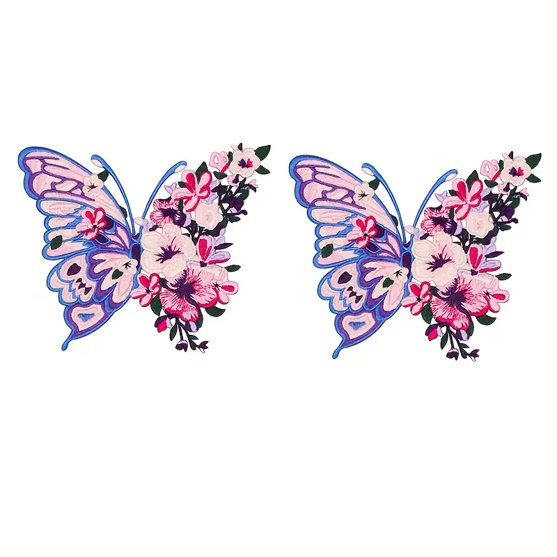 2Pcs Large Iron-On Embroidered Butterfly Patches - Vibrant Nature-Floral Motif, Heat Transfer Self-Adhesive Appliques Embellishments, Sewing Accessories for Jackets, Jeans