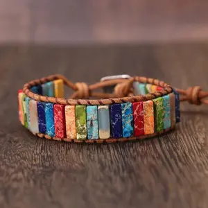 LGBTQ Rainbow Sea Sediment Jasper Natural Gems Leather Braided Healing Energy 7 Chakra Boho Wrap Handmade Bracelet Gift-Adjustable Buckle