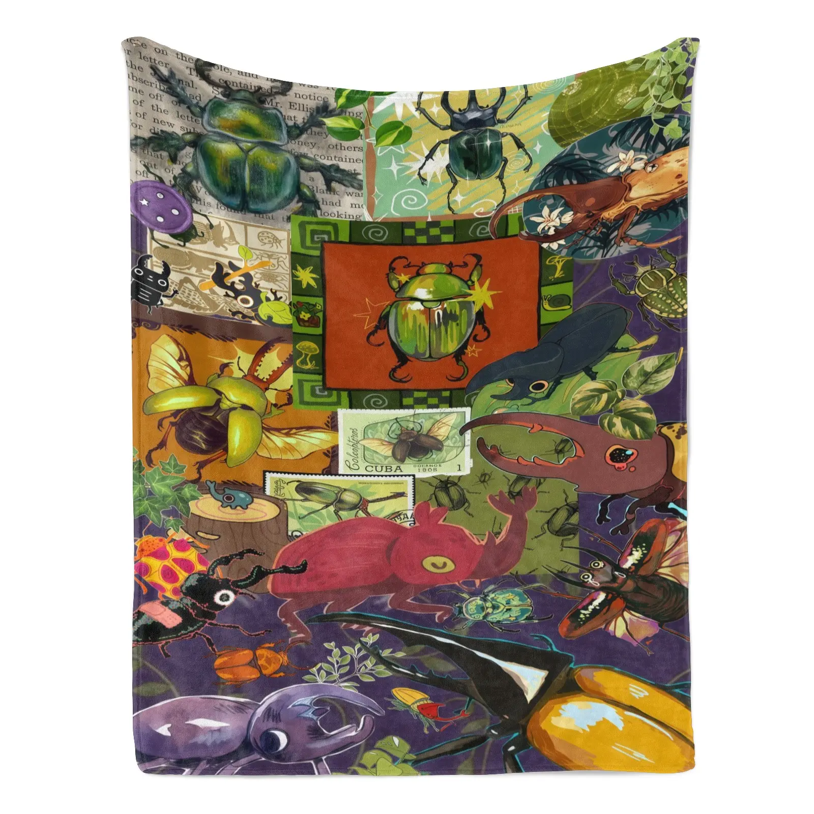 The Most Unique Gift for Beetle Lovers | Retro Bug Collage Blanket  For the Person Who’s Obsessed With Bugs | Cozy Entomology Throw Vintage Insect Art Throw | Perfect for Anyone Who Loves Quirky Decor Rich purple, green
