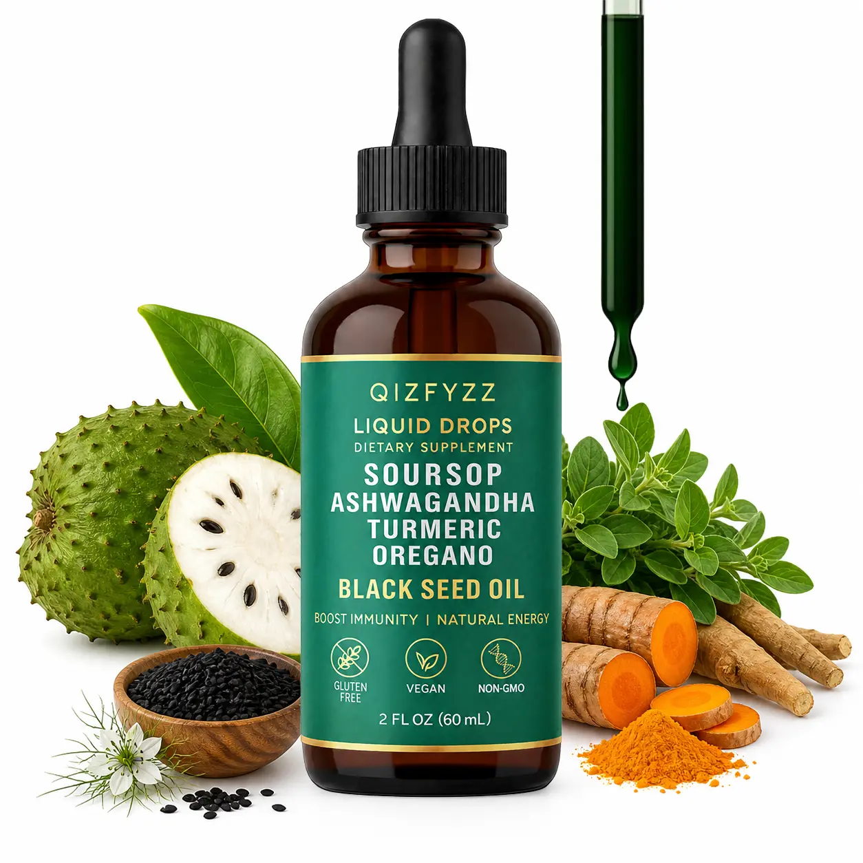 'summervibes QIZFYZZ 10-in-1 Soursop Bitters Liquid Drops – Sea Moss, Noni, Moringa, Turmeric, Black Seed Oil, Oregano & Ashwagandha Herbal Blend, Vegan Non-GMO, 2 fl oz,summerwins