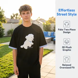 [Patchwork Plush Rabbit-Feel Embroidery] Unisex Oversized T-Shirt with 3D Plush Puppy Embroidery, Cotton Feel Fabric, Striped Cuff Patchwork Casual Streetwear Tee for Men Women