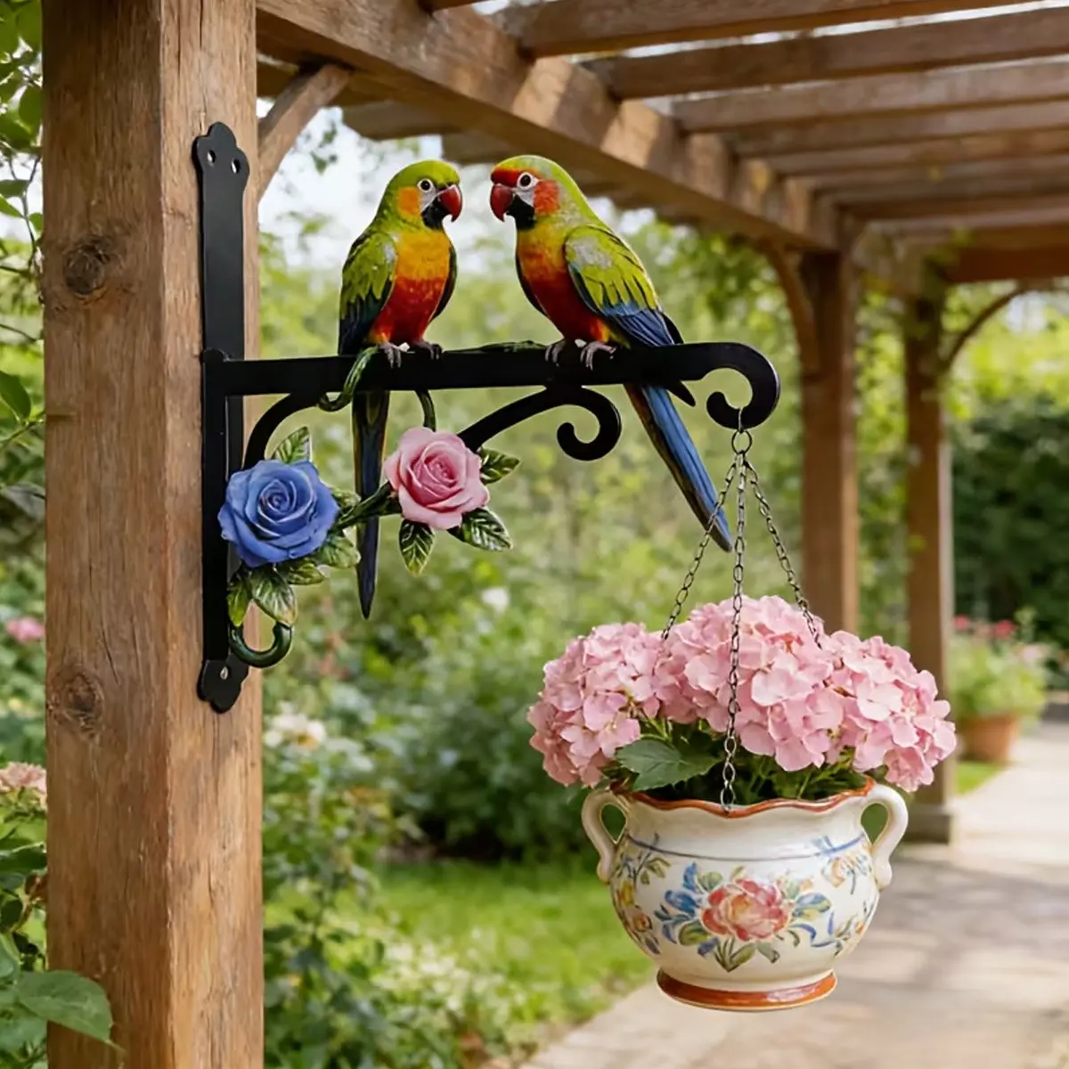Colorful Metallic Wall Hanging Ornament with Two Parrots, Rust-Proof and Sun-Resistant, Ideal for Outdoor Use, Includes Mounting Screws