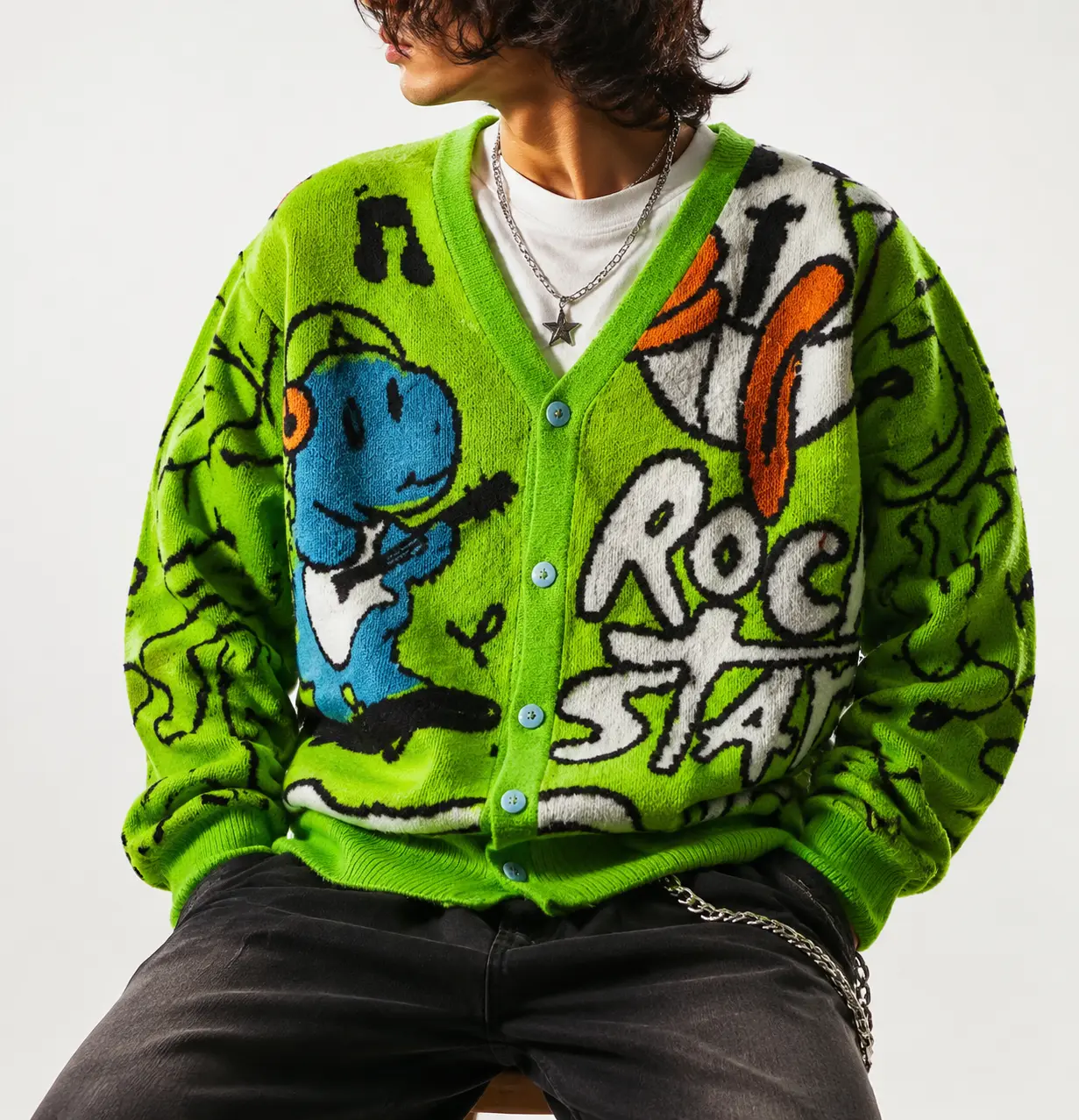 Men's Cartoon Graphic Cardigan Sweater, Colorful Jacquard Knit V-Neck, Loose Fit Long Sleeve Buttoned Streetwear Top, Buttoned Cover-Up Men's Pullover, Colorful Knit Men's Pullover