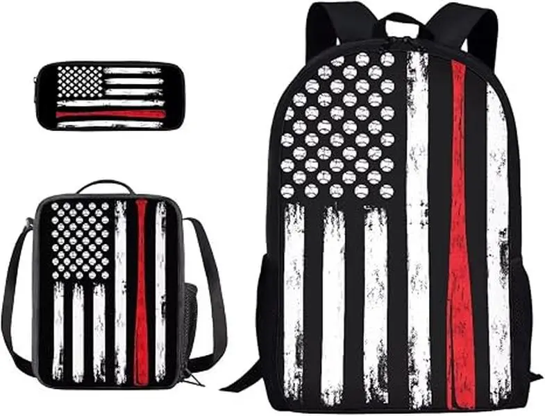 Unisex Patriotic Backpack Set, 3-Piece Combo with Thin Red Line American Flag Print, Waterproof Polyester for Youth School & Work, Adjustable, Firefighters, School Commute