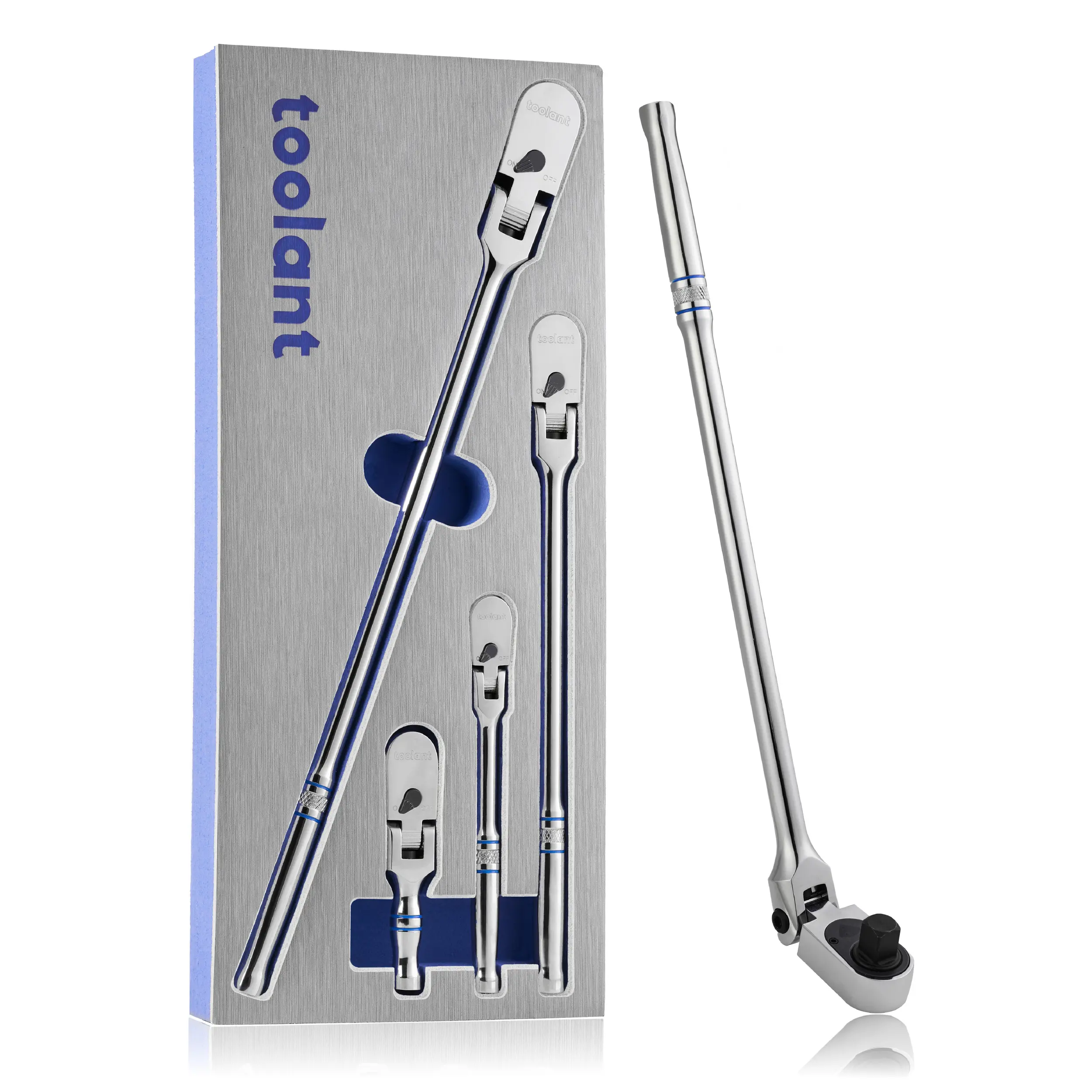 Toolant 4Pcs Flex Head Ratchet Socket Wrench Set - Multi-Size Ratchet Spanners & Wrenches, 1/4"-3/8"-1/2" Drive, 90-Tooth Precision Gear, 180° Flex, 11 Positions, Longer Handle, 1.5X ASME Durability, Mechanics' Hand Tools