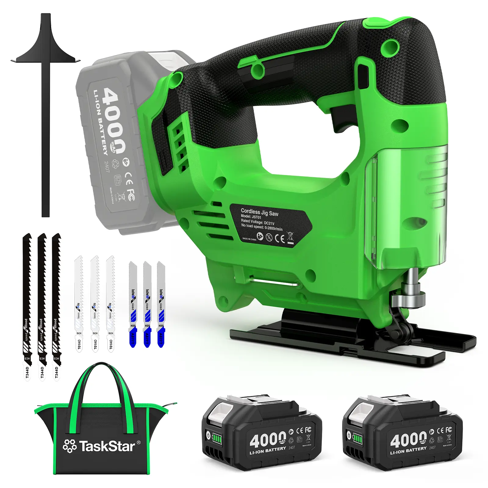 TaskStar Cordless Jigsaw with 2×4000mAh Batteries, 0°-45° Bevel Cutting, 3 Cutting Modes with LED Light, Ideal for Wood Metal Plastic Cutting, Great Gift for Men