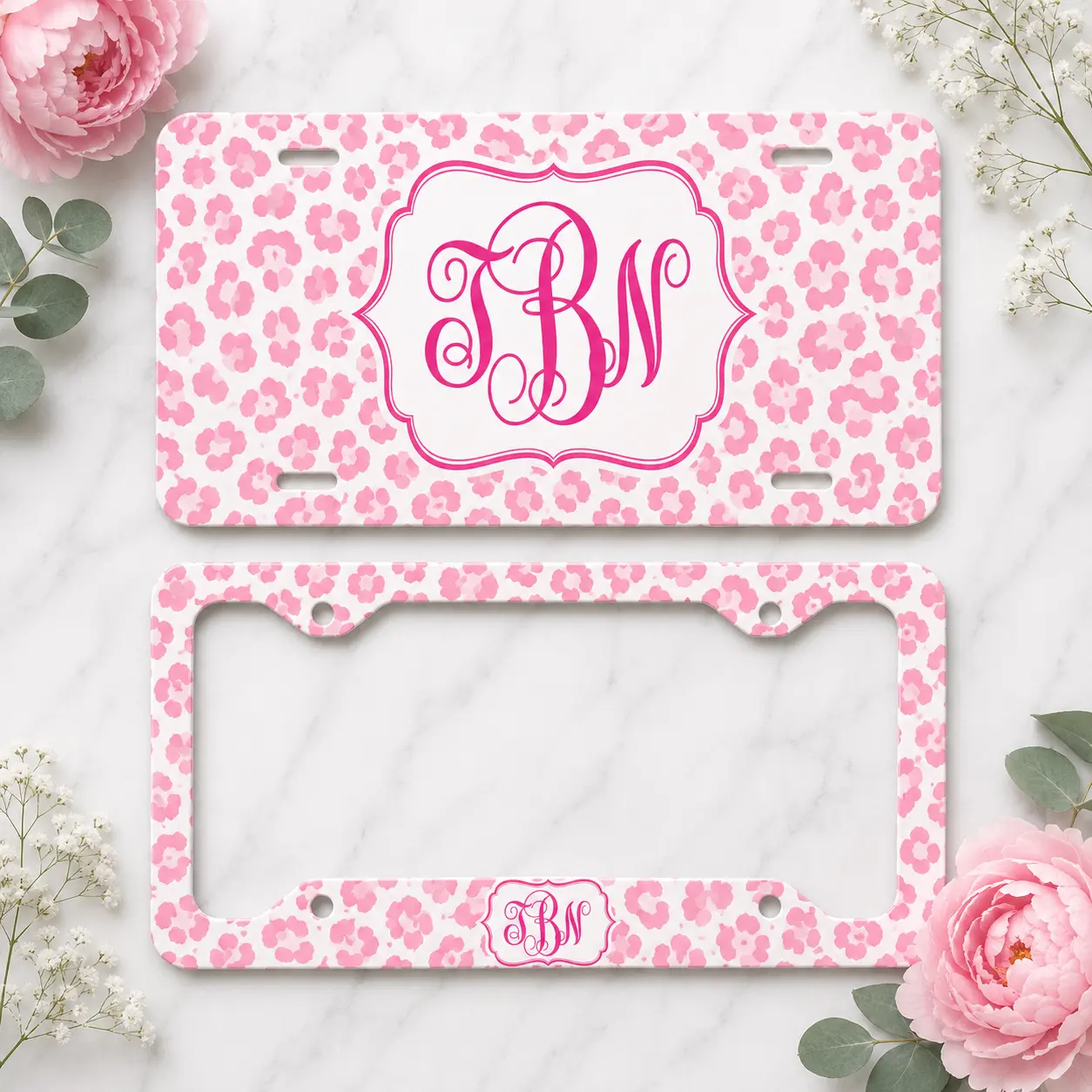 Custom Pink Leopard Print License Plate and Frame Set, Personalized Monogram Car Tag, Aesthetic Animal Print Car Accessories for Women, Unique Gift for Her, Stylish Auto Decor