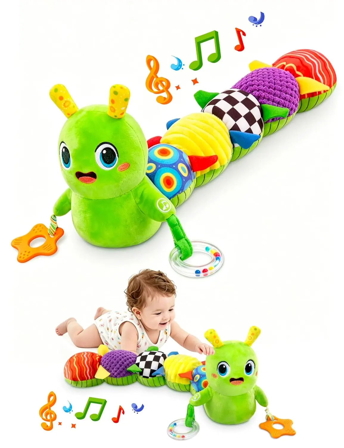 Musical Caterpillar Baby Sound Toy, Sensory Development Toy for 0-12 Months - 10 Melodies, 1-Touch Music Button, Interactive Independent Play, Rhythm Learning