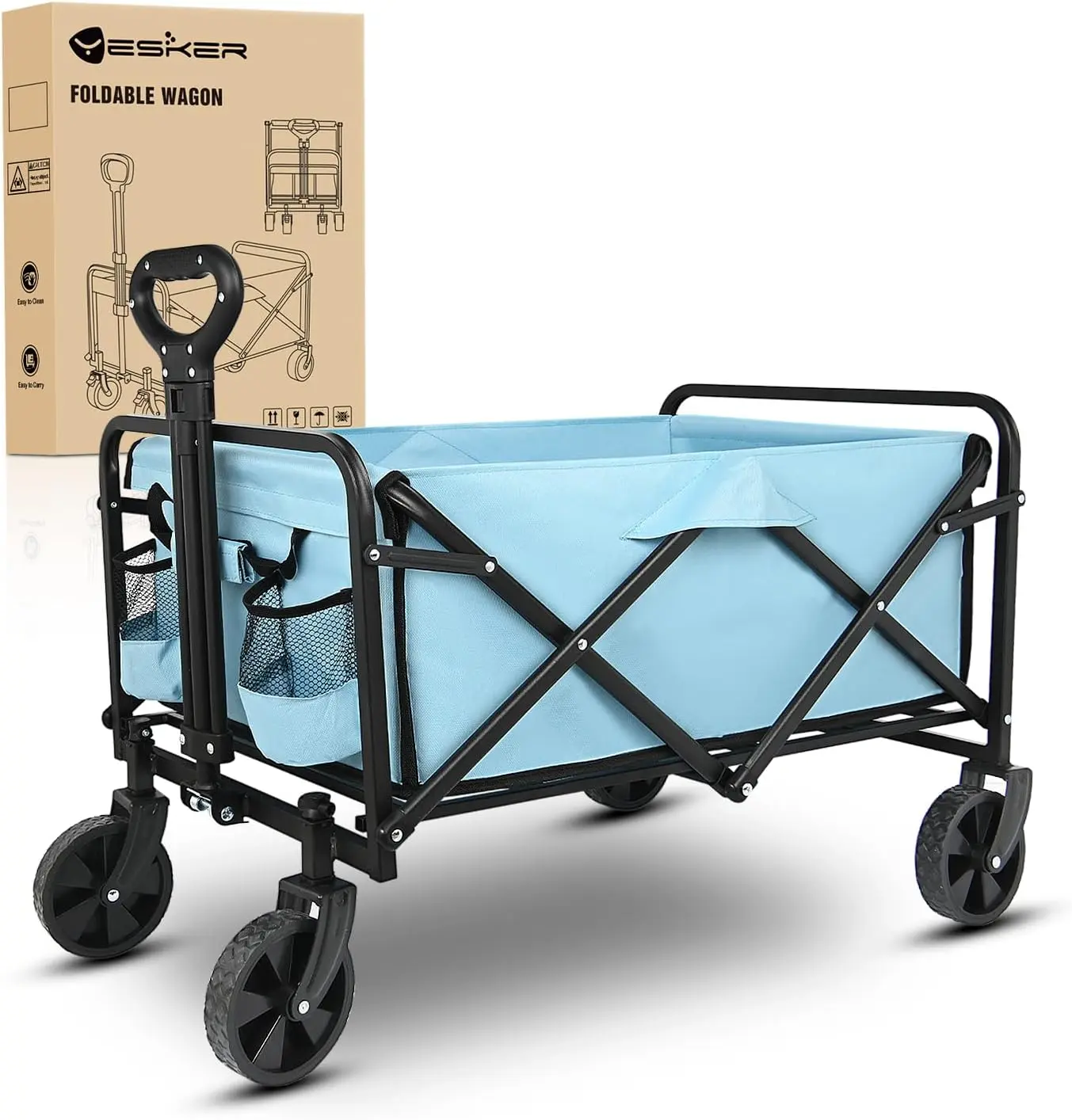 Yesker Foldable Wagon - 220lbs Heavy-Duty 600D Oxford Fabric Garden Utility Trolley with Iron Frame, All-Terrain Wheels, Portable & Compact Design for Camping, Outdoor Use (Blue)