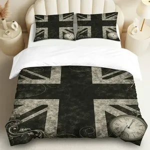 3PCS Duvet Cover Set, 1 Duvet+2 Pillowcases(Without filler), Vintage British Clock Union Jack theme, Classic bedding set, Stylish British Decor Suitable for decoration Bedroom Dorm Hotel Guest Room.