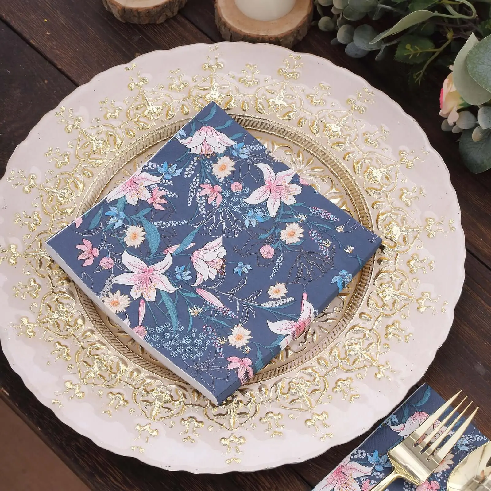 20-Pack Disposable Square Paper Beverage Napkins - Navy Blue Printed Water Lily Floral Design, 2-Ply Soft 18GSM, 6.5"x6.5" for Weddings, Birthdays, Event Planners & Home Hostesses