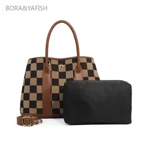 Women's Plaid Checkerboard Canvas Market Tote - Multi-Function Large-Capacity Top-Handle Bag, Convertible for Shoulder or Crossbody Casual Use, Ideal Gift