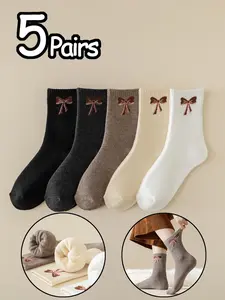 5 Pairs Thick Fleece Bow Pattern Mid-Calf Socks, Warm Fall & Winter Wear, Casual Style, Fitted Design, Comfortable and Cozy, Casual Stylish Socks