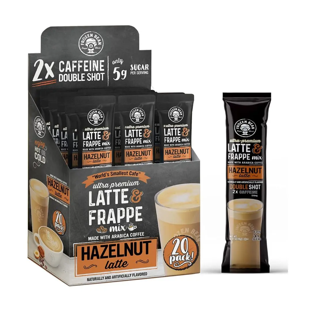 The Frozen Bean Hazelnut Instant Coffee Frappe Packets (20 Sticks) | Arabica Coffee Powder, Hot, Iced & Blended Drink Mix, On the Go