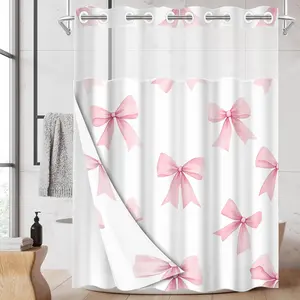 1pc hookless shower curtain, Bathroom Curtain, with buckle lining, spring pink and white bow pattern design, 2D flat printing, fabric waterproof lining, see-through double-layer, 71 x 74 inches, Home Goods