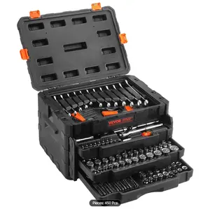 Mechanics Tool Set and Socket Set, 1/4" 3/8" 1/2" Drive Deep and Standard Sockets, 450 Pcs SAE and Metric Mechanic Tool Kit with Bits, Hex Wrenches, Combination Wrench, Accessories, Storage Case