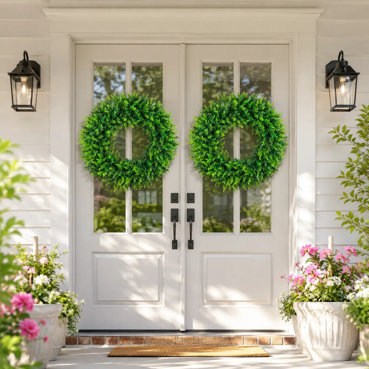 20in & 24in Foldable Boxwood Wreath with Hello Sign & Ribbon, Large Size Boxwood Wreath for Front Door Decoration, Party Decoration Supplies, Greenery & Holiday Decor for Porch, Indoor Outdoor Year-Round Use