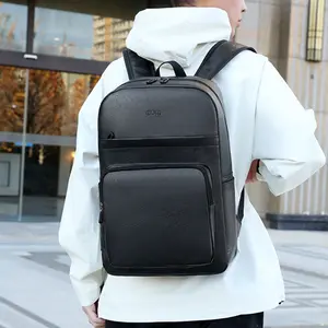 Black Leather Laptop Backpack for Men, Slim Business Travel Backpack with Luggage Strap, Fits 15.6 Inch Notebook for Work & Daily Use