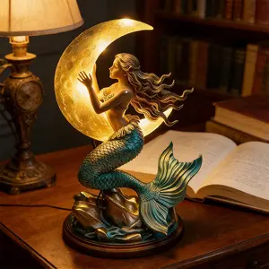Mermaid Lamp, Moonlight Mermaid Night Light,Aesthetic Moon Table Lamp for Bedroom Bedside Home Decor, Creative Night Light,Moon Goddess Vintage Statue for Home Desktop Ambiance Decor