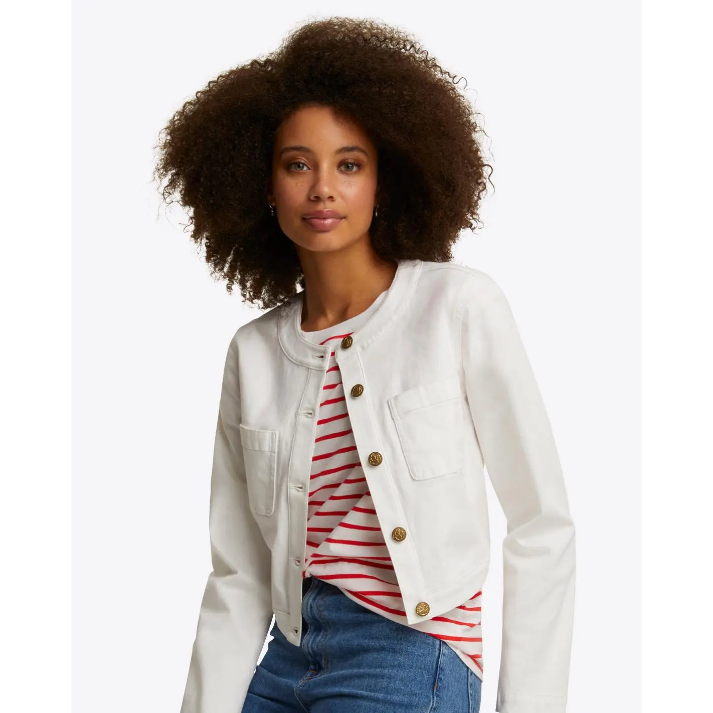 Collarless Jacket in White Denim