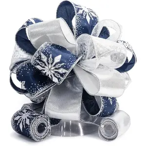 11" Blue Snowflake Christmas Tree Topper Bow with 4 3-Yard Long Ribbon Streamers for Holiday Elegant Fancy Indoor Home Décor