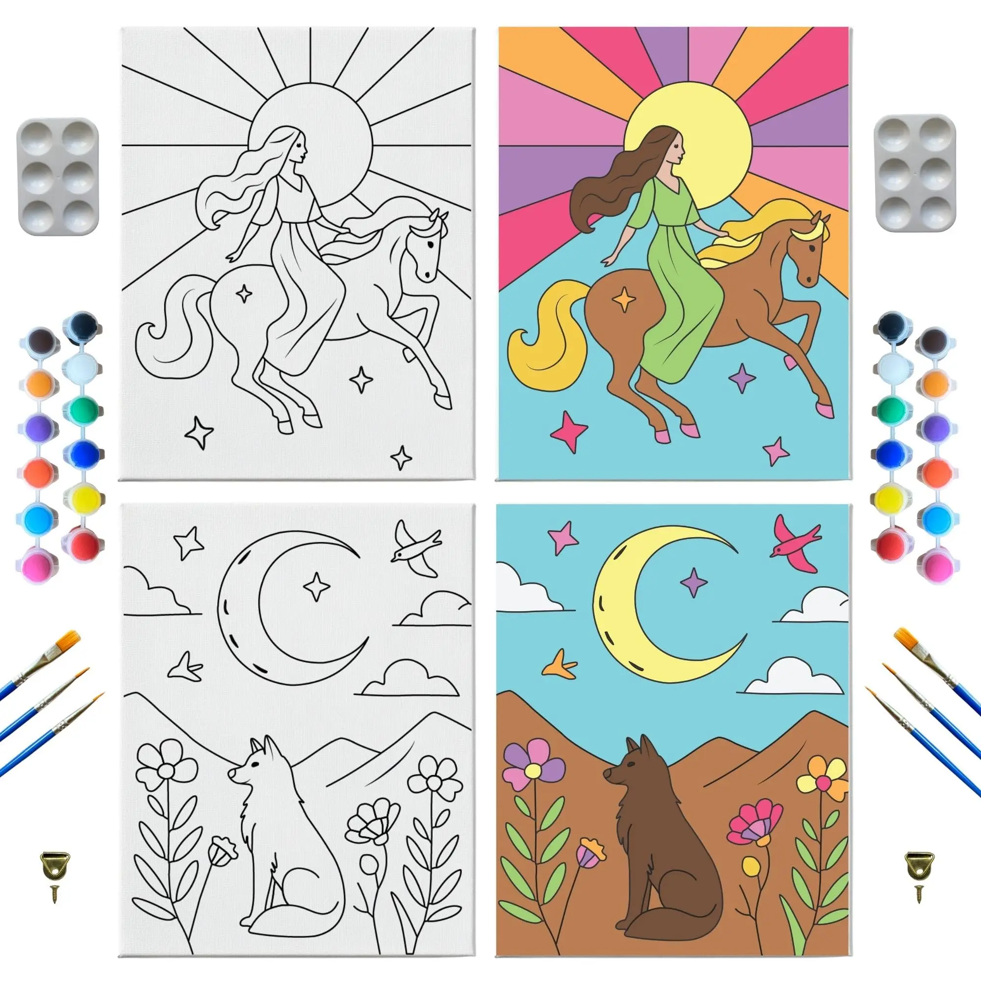 2-Pack Pre Drawn Canvas to Paint for Adults and Kids 8" x 10" Sip and Paint Kit for Adults Teens Kids with Acrylic Paints Brushes and Palette Cute Canvas for Painting Arts and Crafts