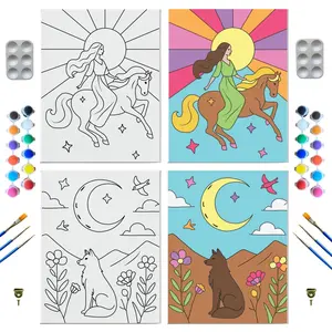 2-Pack Pre Drawn Canvas to Paint for Adults and Kids 8" x 10" Sip and Paint Kit for Adults Teens Kids with Acrylic Paints Brushes and Palette Cute Canvas for Painting Arts and Crafts