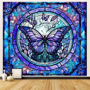 Stained Glass Butterfly Tapestry Wall Hanging Botanical Floral Plant Wall Art Moth Wall Tapestry Aesthetic Vintage Butterfly Flowers Decor for Home Decor Bedroom Living Room Dorm Decor 59x51in